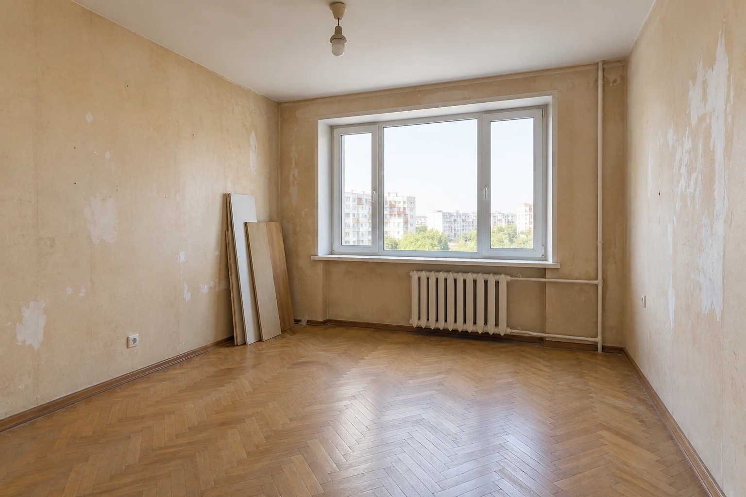 Комната с паркетом, которой нужен ремонт
